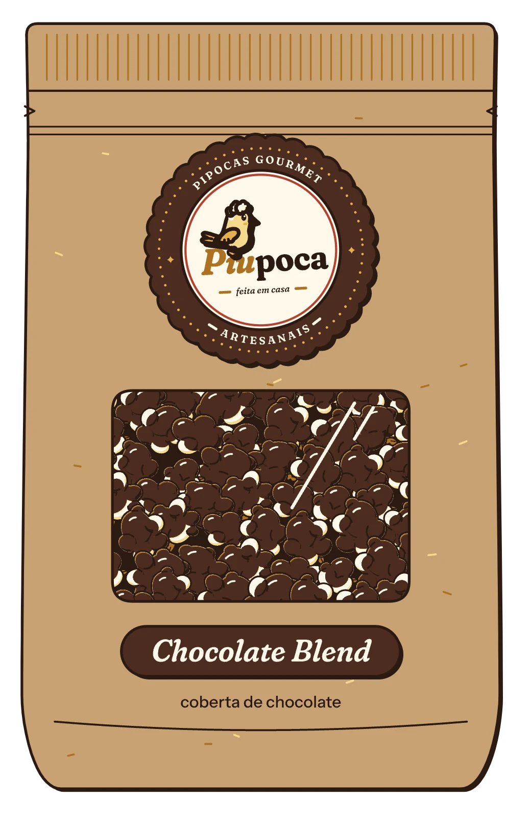 Os três saquinhos kraft da Piupoca: Ninho, Chocolate Blend e Paçoca